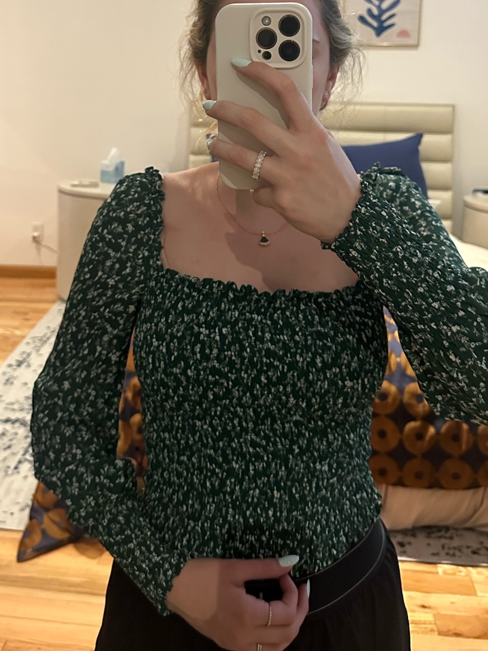 Reformation Emerald Green Smocked Long Sleeve Top